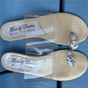 Beverly Feldman Gold Sandals with Rhinestone Crystal Peep Toe Flat Sandal Sz 7